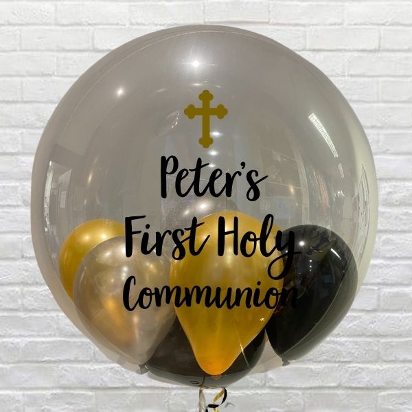 Clear Personalised Communion Black and Gold Colour Mini Bubble.