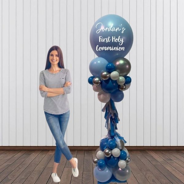 Blue White Silver Communion Balloon Pillar